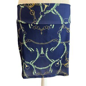 Tina + Jenna Chain Print Blue Stretchy Mini Skirt Gold & Green Accents Size L